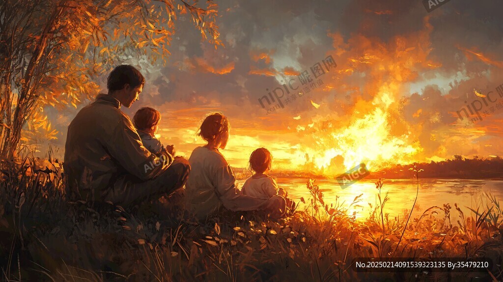 夕阳下一家人