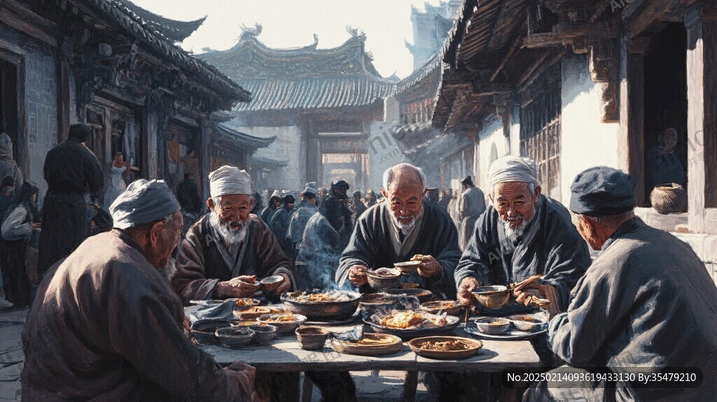 古代吃饭蜡像