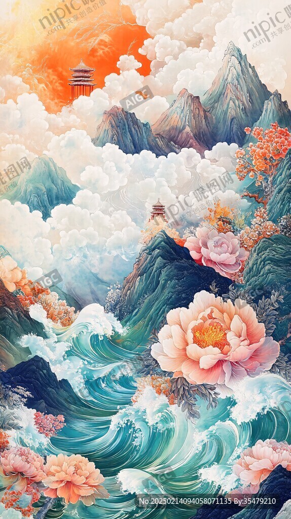 古风海浪包装插画