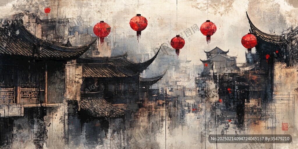 中式建筑风景油画