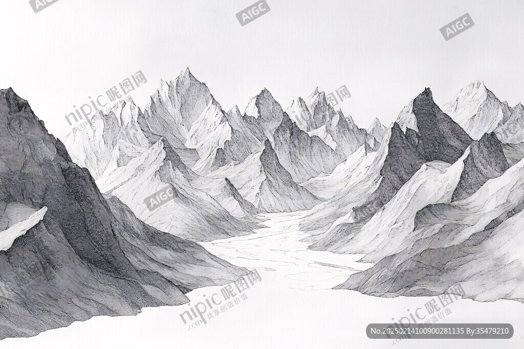 雪山手绘