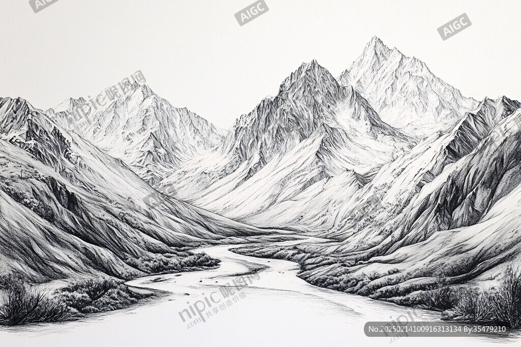 雪山手绘