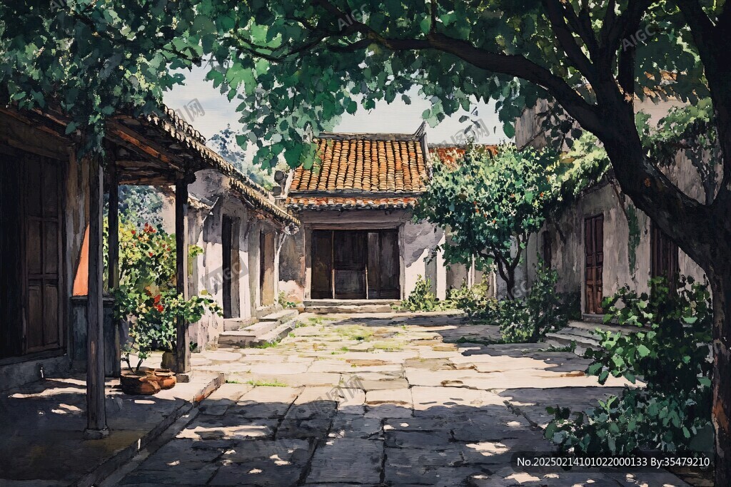 古风庭院插画