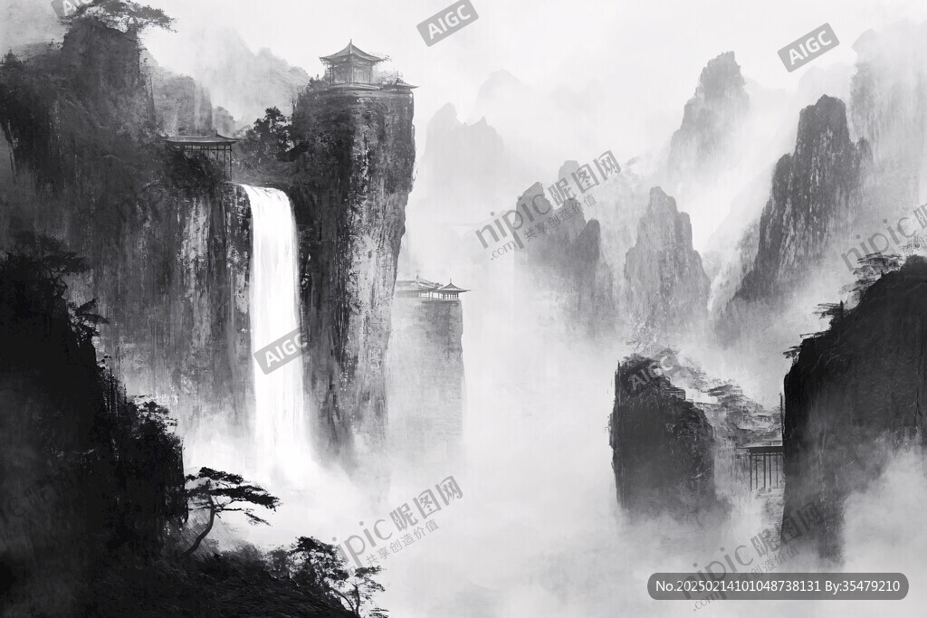 墨韵禅意山峰云雾风景