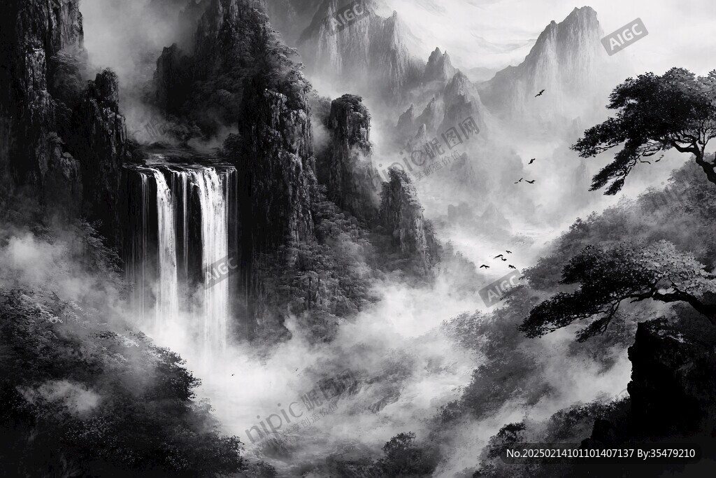 墨韵禅意山峰云雾风景