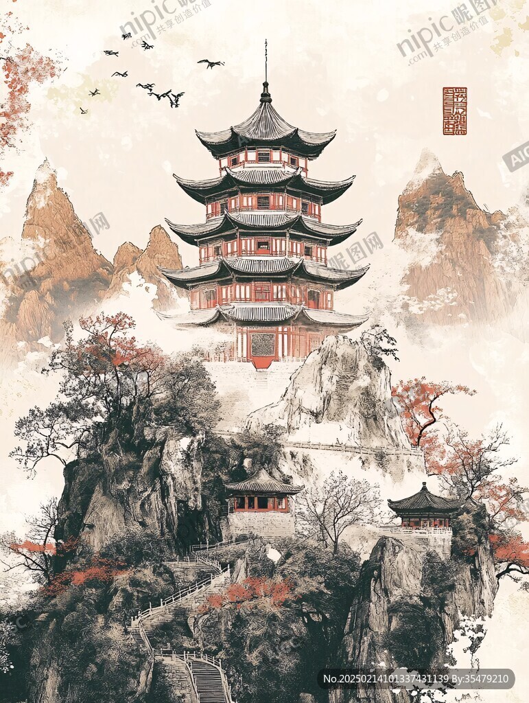 插画爱晚亭