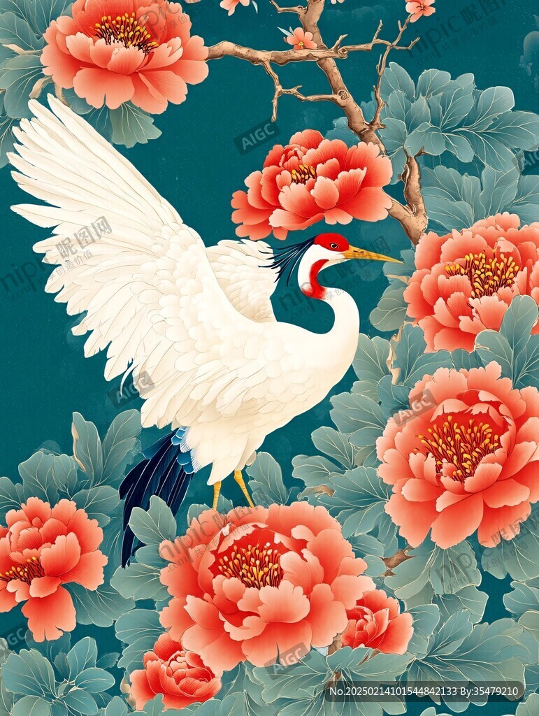 牡丹花仙鹤