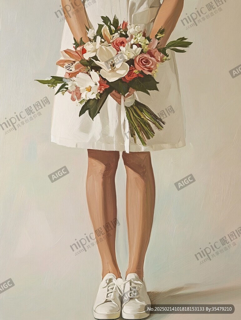 文艺女孩捧花插画