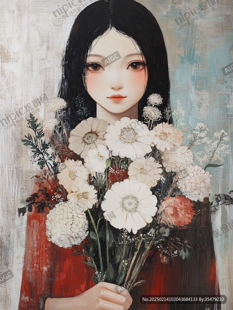 文艺女孩捧花插画
