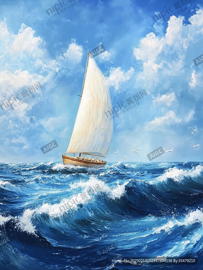扬帆踏浪油画