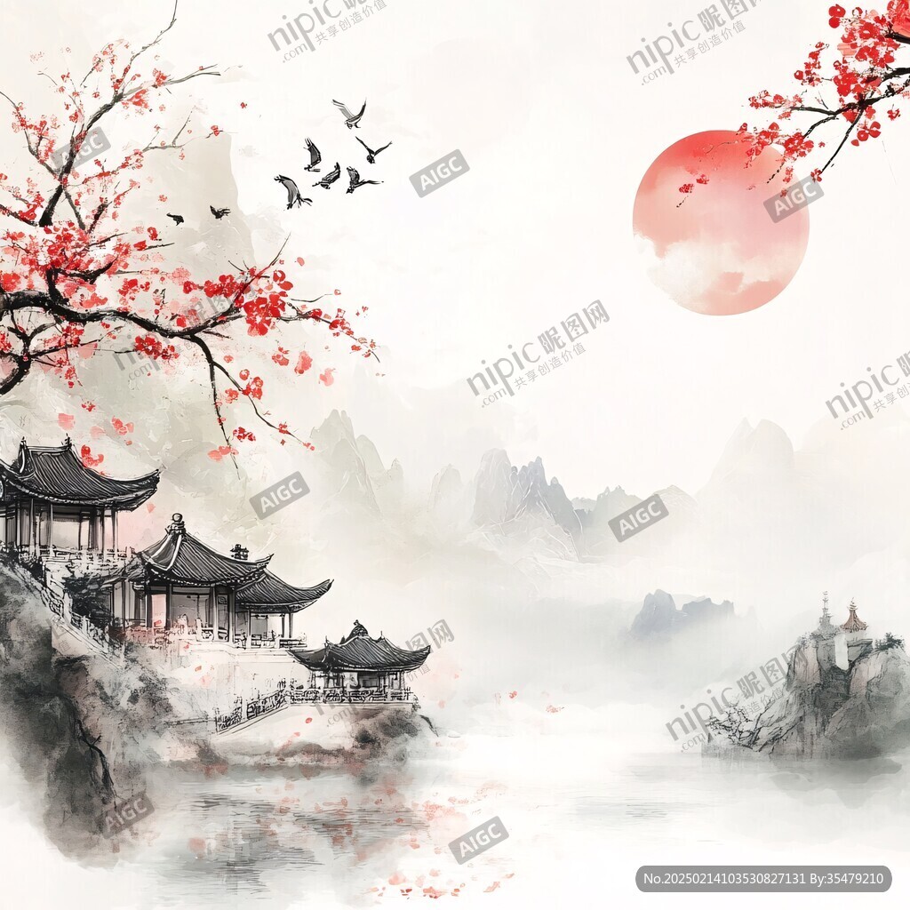 仙鹤楼阁古风山水画