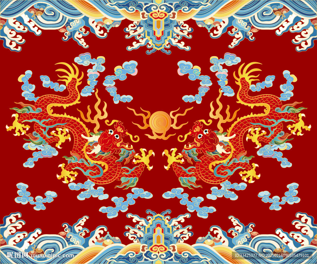 双龙戏珠江崖海水纹浮雕龙线描龙