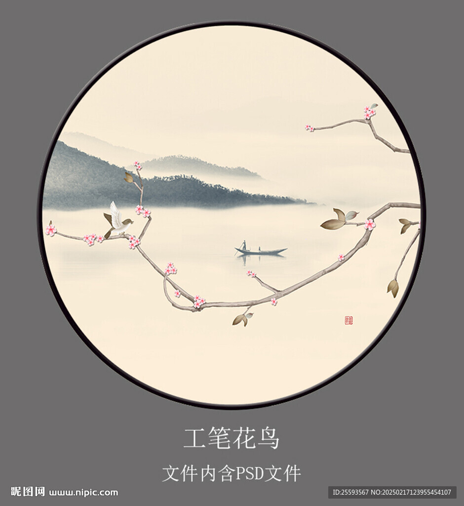 圆形花鸟装饰画
