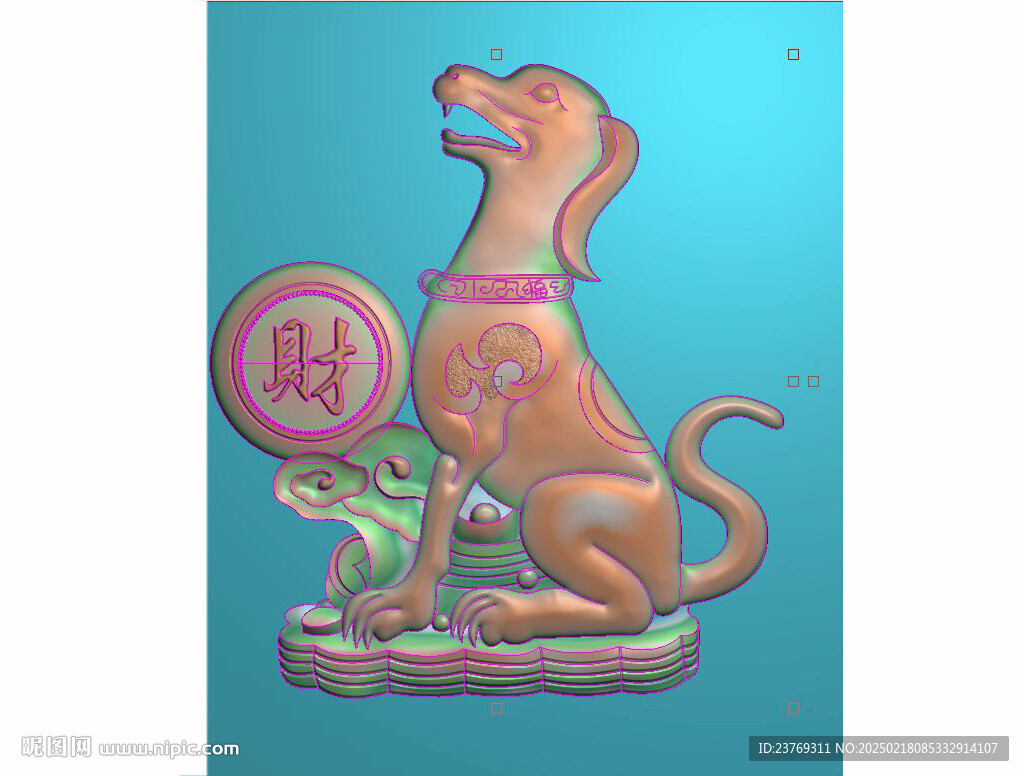 生肖狗坐地生财摆件精雕图灰度