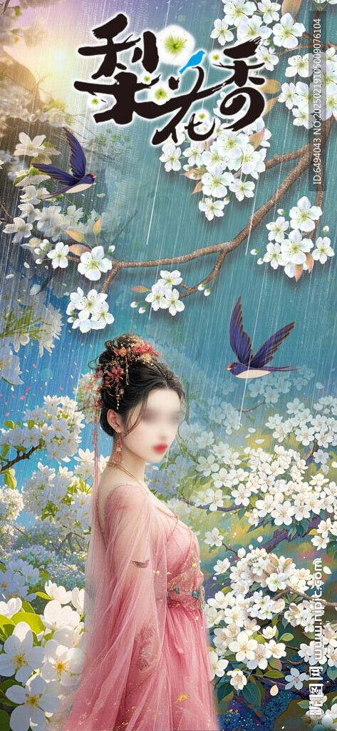 梨花仙子梨花香国潮花鸟国画海报