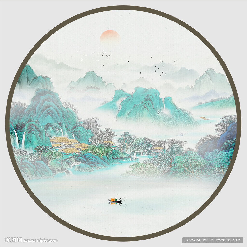 圆形山水水墨画