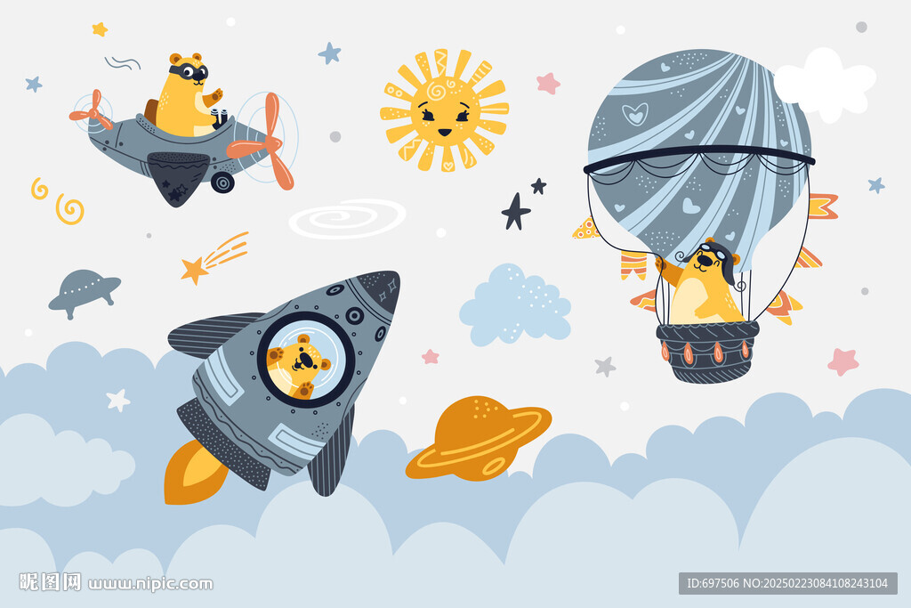 卡通火箭太空动物气球儿童背景墙