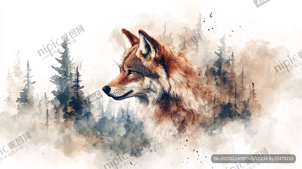 手绘彩色狐狸装饰画