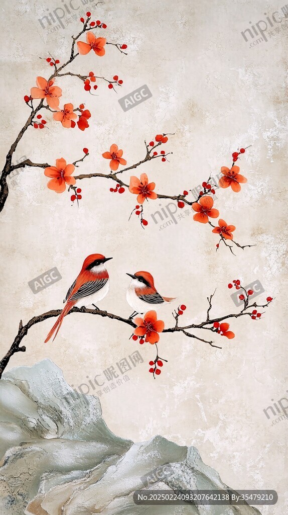 古风红梅花鸟插画