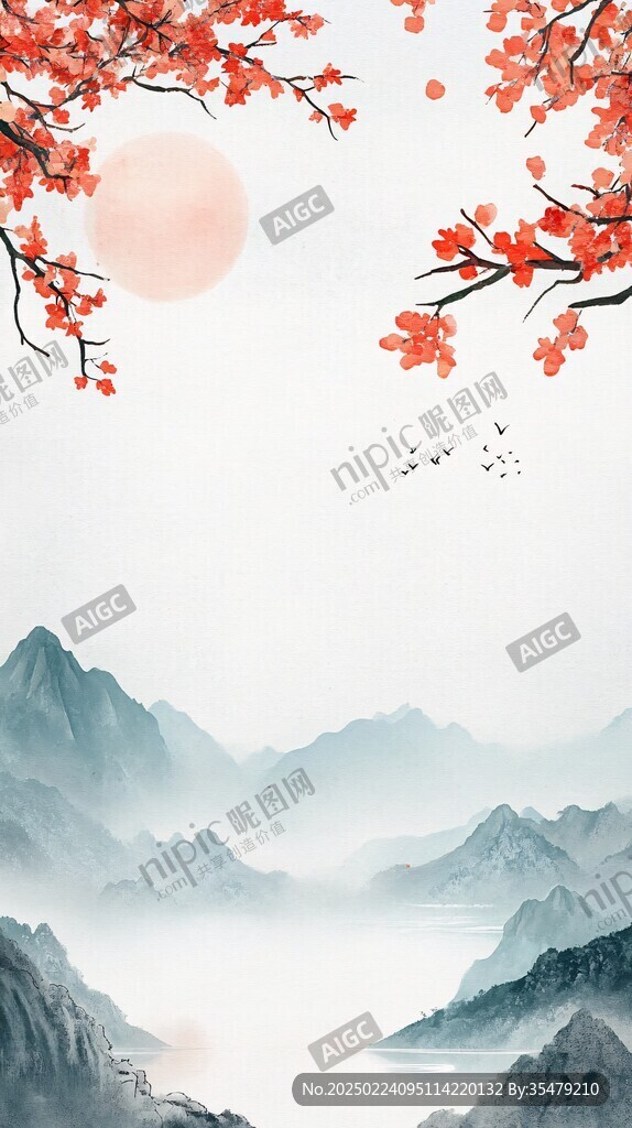 红叶古风山水画