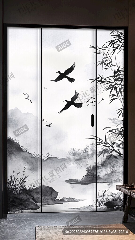竖版挂画屏风墨韵禅意