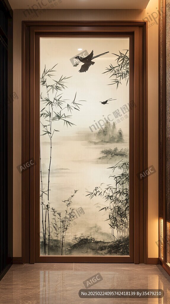 高端壁画竹林双雀图