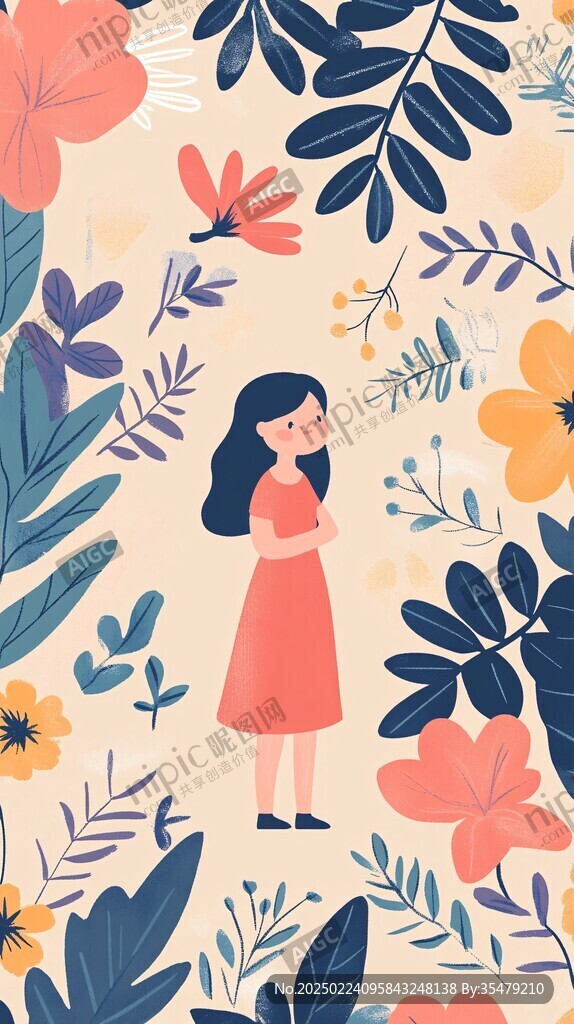 花丛女孩插画