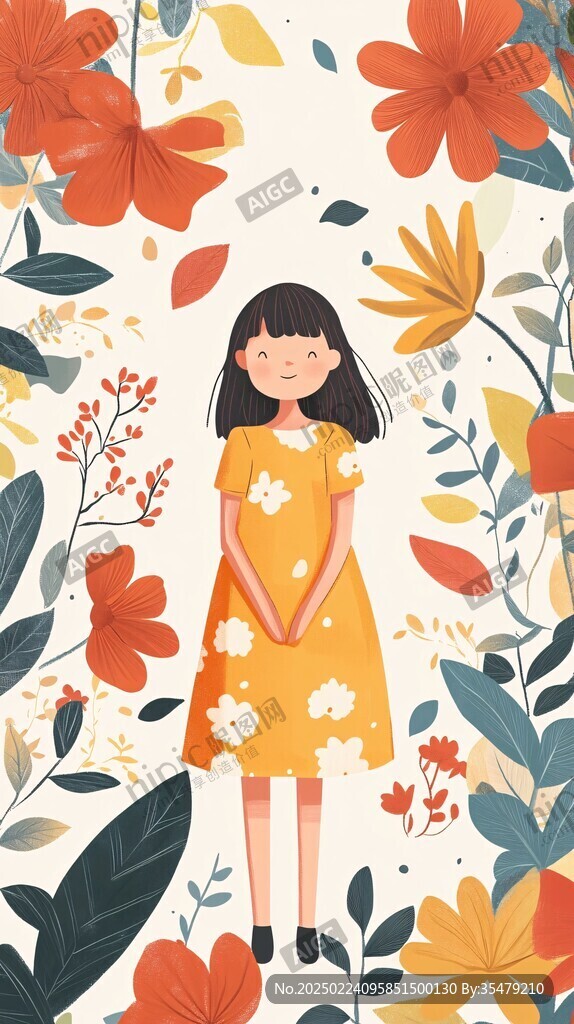 女孩捧花微笑插画