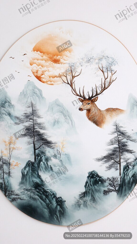 立体山水麋鹿圆框画