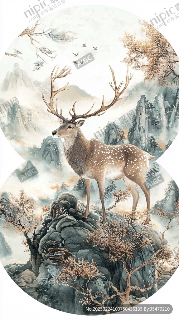 立体山水麋鹿圆框画