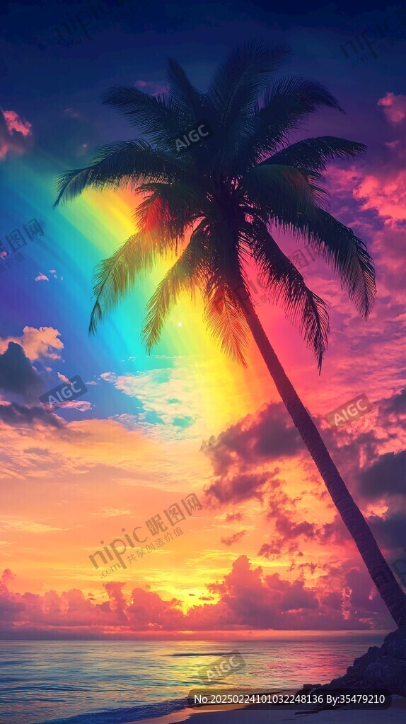 蓝天晚霞大海椰树