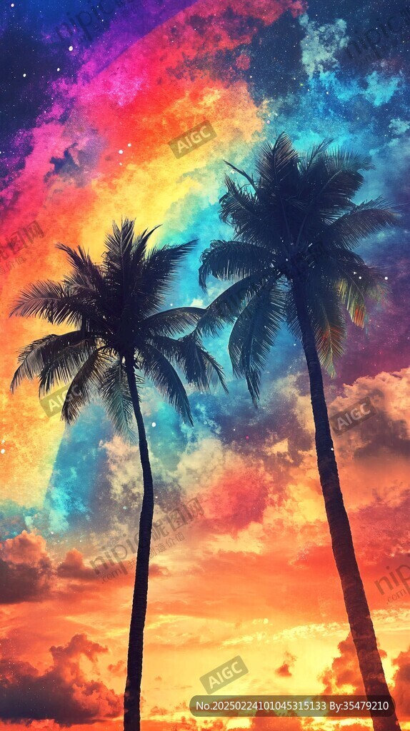 蓝天晚霞大海椰树