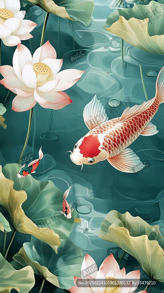 荷花锦鲤插画