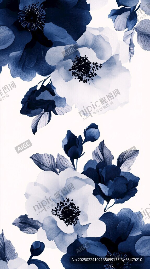蓝色唯美牡丹装饰画