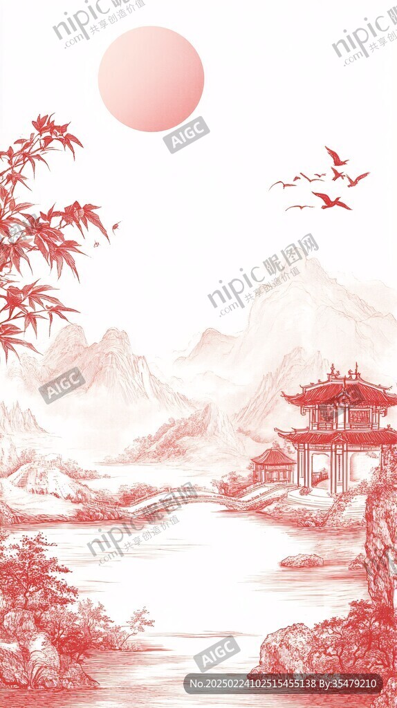 仙鹤楼阁古风山水画