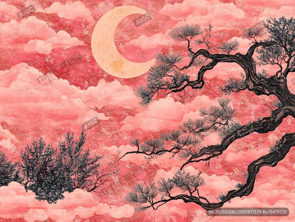 工笔红梅山水画