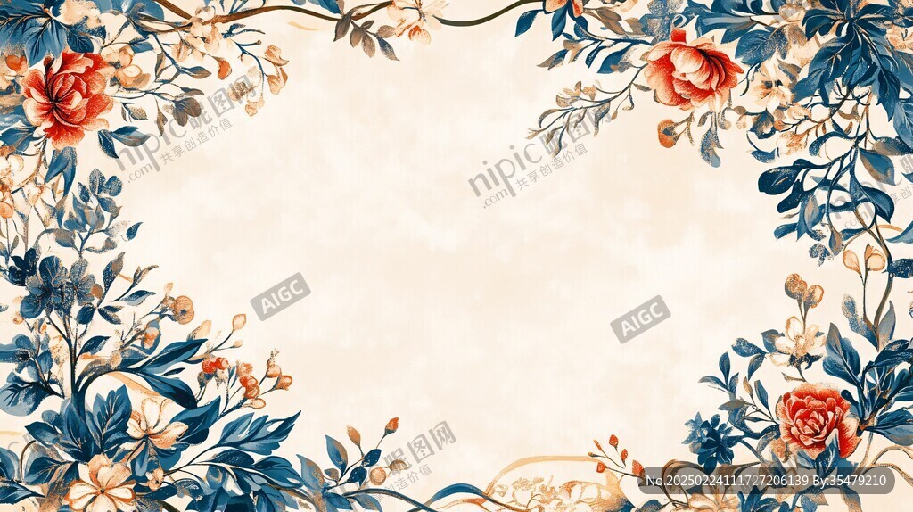 蓝橙色花艺手绘素材