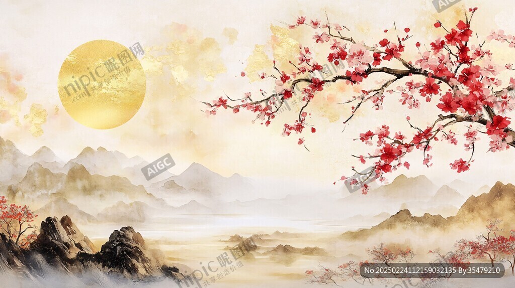花好月圆水墨山水画