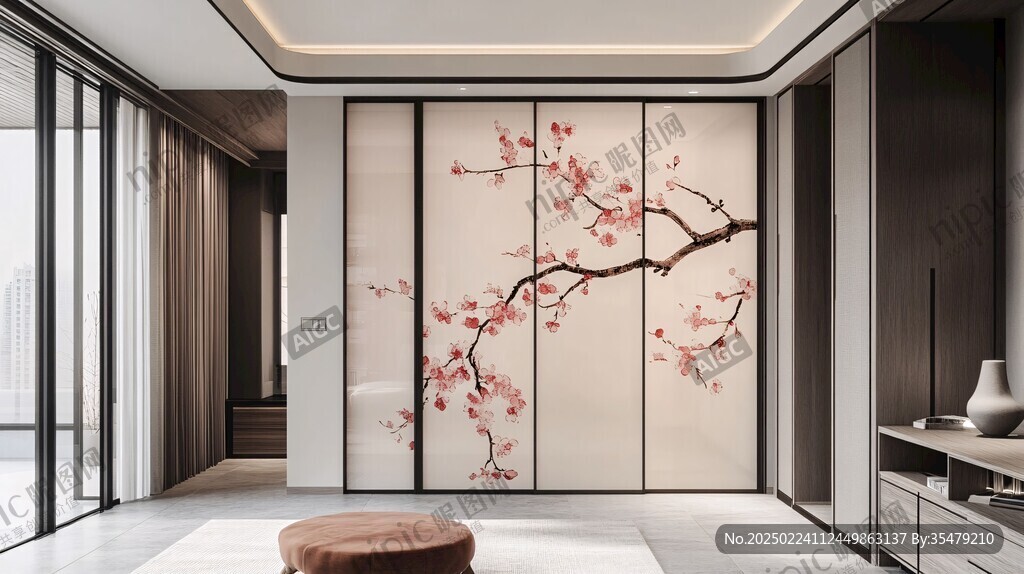 酒店客厅走廊梅花花鸟