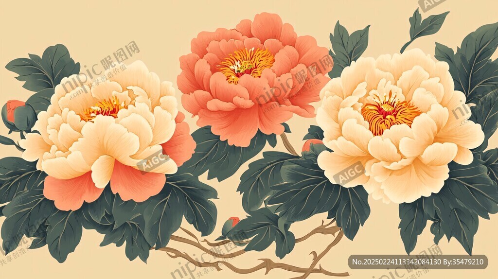 手绘牡丹花工笔画