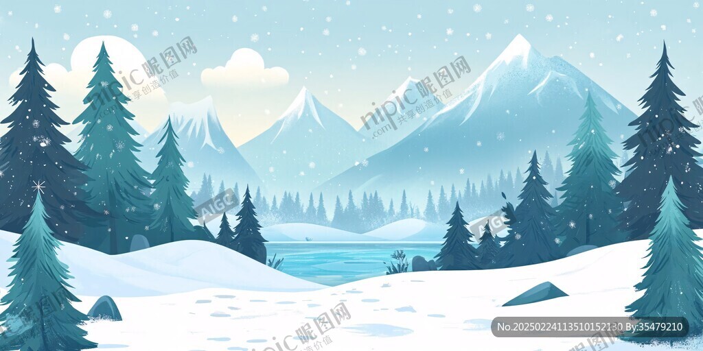雪松雪景雪山插画