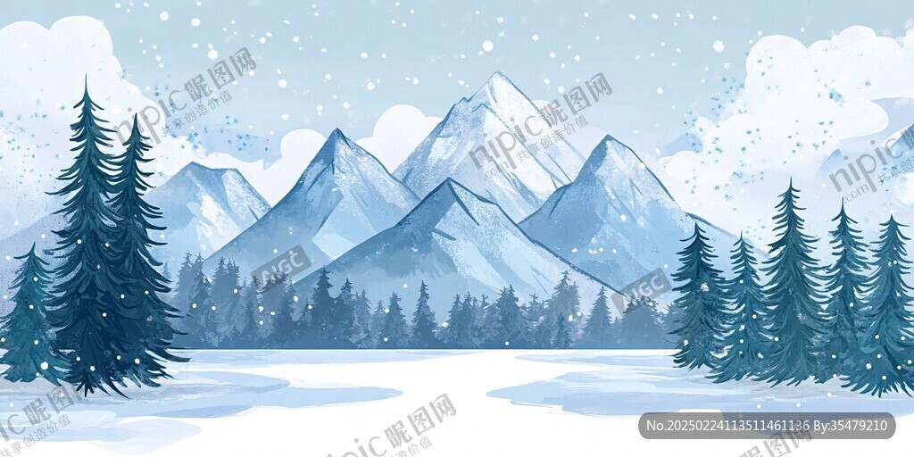 雪松雪景雪山插画