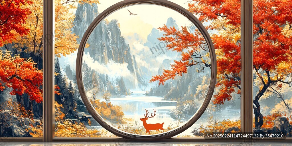 立体山水麋鹿圆框画