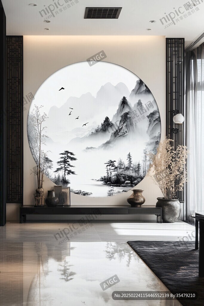 山水圆形挂画