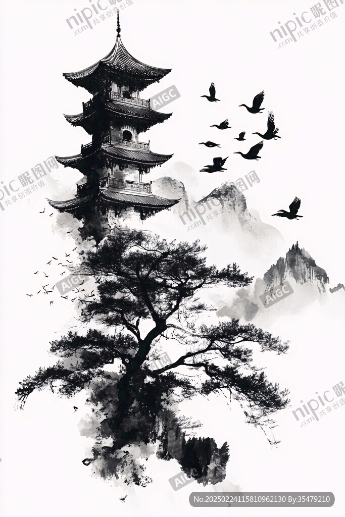 古楼水墨画