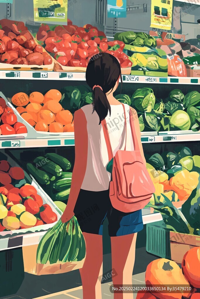 手绘水果超市卡通女孩