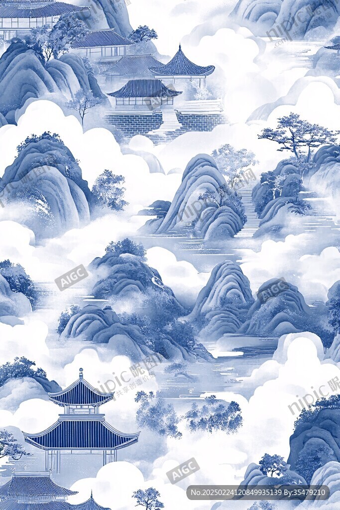 新中式楼阁山水