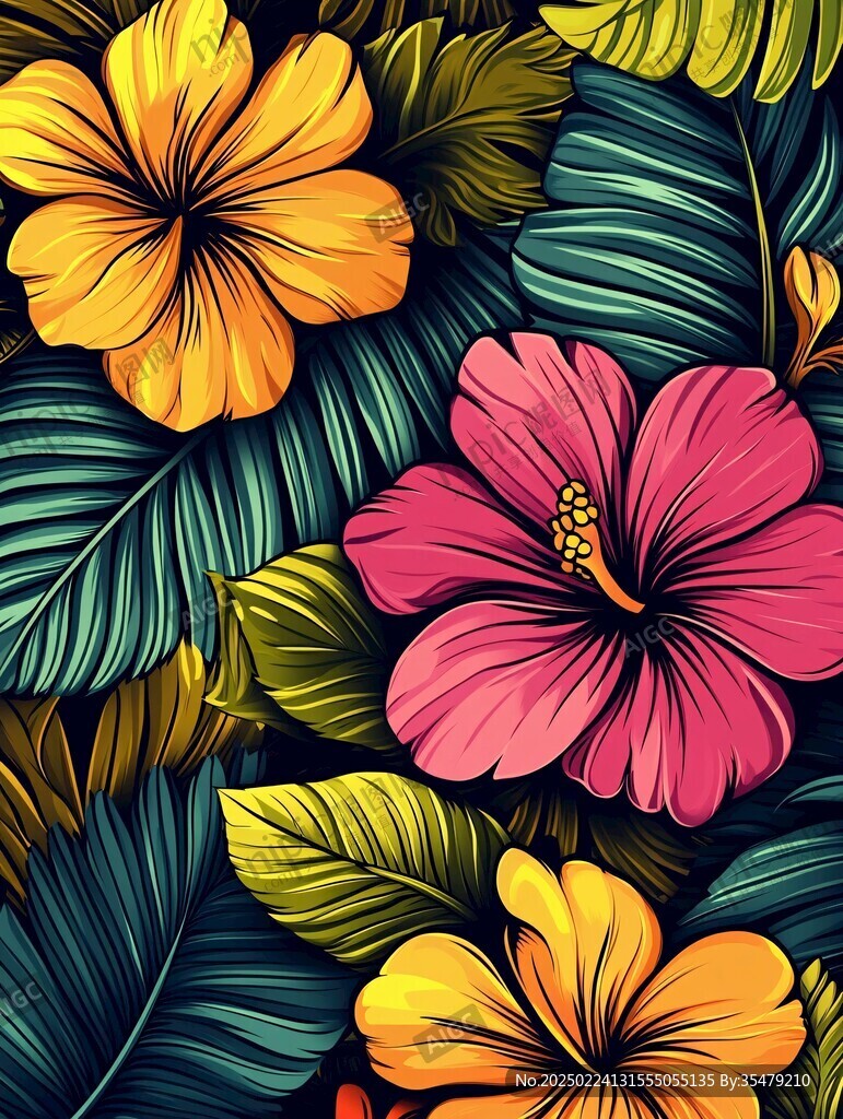 田园风热带树叶花朵