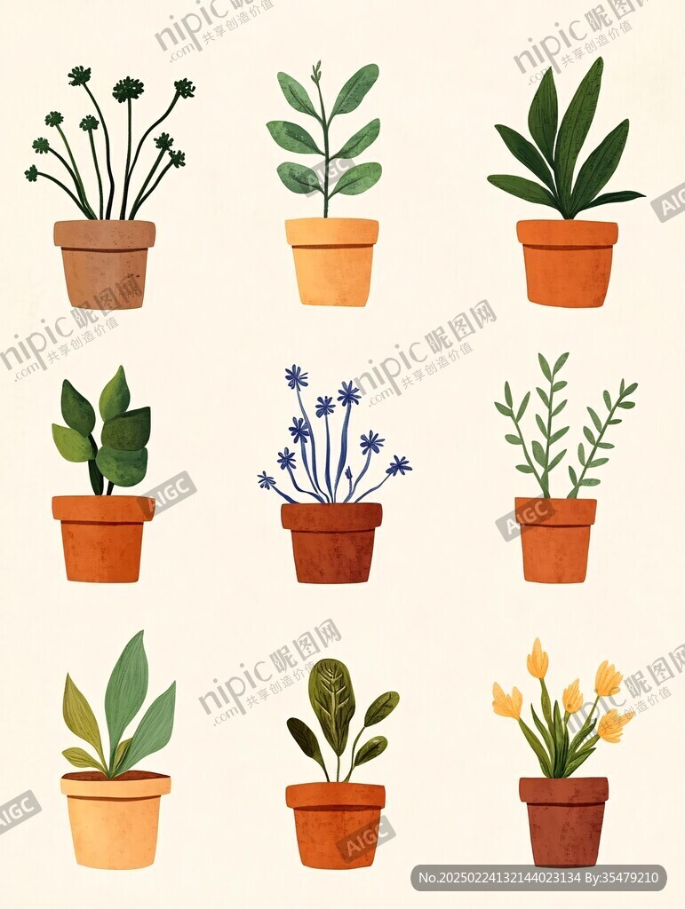 手绘多款植物盆栽