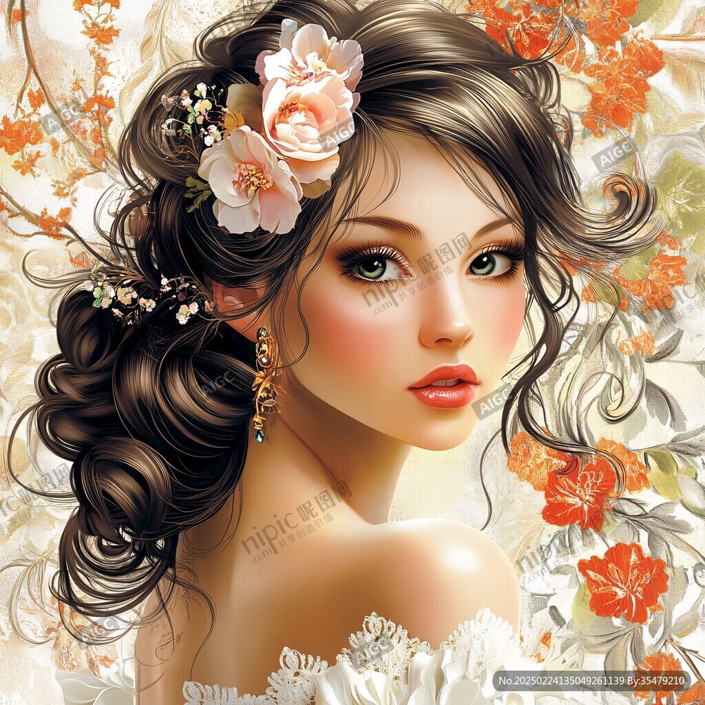 手绘花朵美女